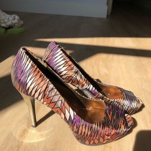 Geometric peep toe heels with gold spike heel - Nine West